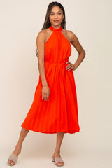 Orange Pleated Halter Maternity Midi Dress