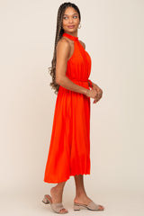 Orange Pleated Halter Midi Dress