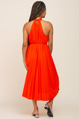 Orange Pleated Halter Midi Dress