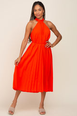 Orange Pleated Halter Midi Dress