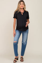 Black Ruffle Accent Tie Front Maternity Blouse