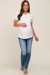 Ivory Ruffle Accent Tie Front Maternity Blouse