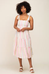 Pink Striped Shoulder Tie Tiered Maternity Midi Dress