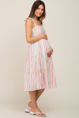 Pink Striped Shoulder Tie Tiered Maternity Midi Dress