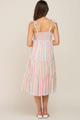 Pink Striped Shoulder Tie Tiered Maternity Midi Dress