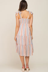 Rust Striped Shoulder Tie Tiered Maternity Midi Dress