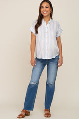 Blue Striped Collared Button Maternity Blouse