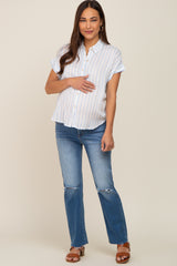 Blue Striped Collared Button Maternity Blouse