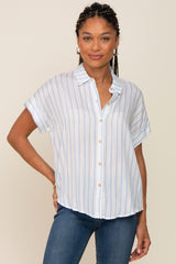 Blue Striped Collared Button Maternity Blouse