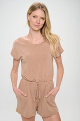 Camel French Terry Short Dolman Sleeves Knit Romper