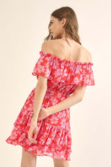 Pink Floral Off-Shoulder Flounce Ruffle Mini Dress