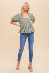 Dusty Olive Swiss Dot Bubble Sleeve Peplum Blouse