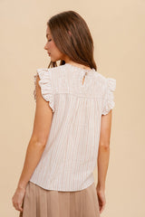 Taupe Multi Stripe Ruffle Smocking Sleeveless Blouse