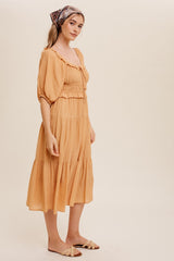 Mustard Ruffle Front Tie Tiered Maxi Dress