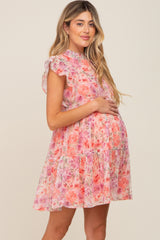 Coral Floral Chiffon Tiered Maternity Dress