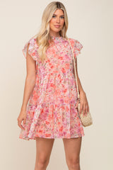 Coral Floral Chiffon Tiered Dress