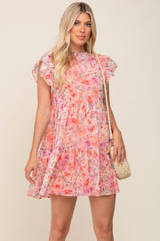 Coral Floral Chiffon Tiered Dress