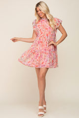 Coral Floral Chiffon Tiered Dress