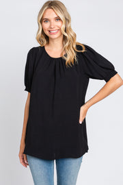 Black Puff Sleeve Smocked Accent Top