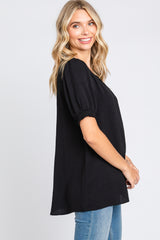 Black Puff Sleeve Smocked Accent Top