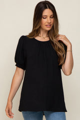 Black Puff Sleeve Smocked Accent Maternity Top