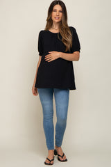 Black Puff Sleeve Smocked Accent Maternity Top