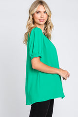 Green Puff Sleeve Smocked Accent Top