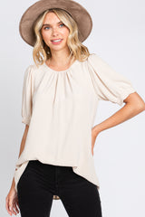 Beige Puff Sleeve Smocked Accent Maternity Top