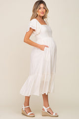 Cream Flutter Sleeve Maternity Midi Dress