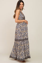 Black Floral Front Twist Sleeveless Maternity Maxi Dress