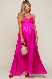 Fuchsia Sleeveless Front Twist Satin Maternity Maxi Dress