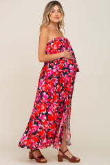 Black Floral Ruffle Strapless Waist Tie Front Slit Maternity Midi Dress