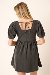 Black Washed Denim Puff Sleeve Babydoll Dress