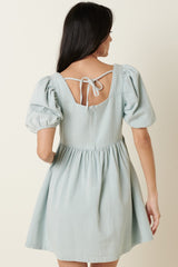 Blue Washed Denim Puff Sleeve Babydoll Dress