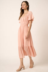 Peach Flutter Sleeve Midi Dress