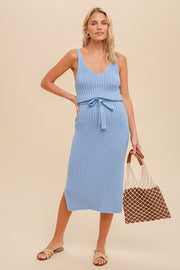 Light Blue Tank Rib Side Slit Midi Dress