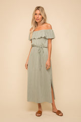 Sage Stripe Double Knit Tie Waist Midi Dress