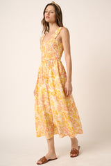 Yellow Flower Print Smocking Detail Midi Dress