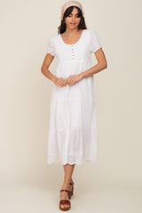 Ivory Eyelet Button Front Tiered Scalloped Hem Midi Dress