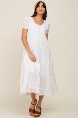 Ivory Eyelet Button Front Tiered Scalloped Hem Midi Dress