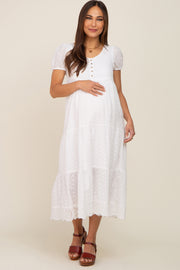 Ivory Eyelet Button Front Tiered Scalloped Hem Maternity Midi Dress