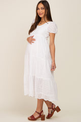 Ivory Eyelet Button Front Tiered Scalloped Hem Maternity Midi Dress