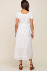 Ivory Eyelet Button Front Tiered Scalloped Hem Maternity Midi Dress