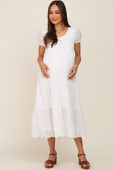 Ivory Eyelet Button Front Tiered Scalloped Hem Maternity Midi Dress