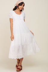 Ivory Eyelet Button Front Tiered Scalloped Hem Maternity Midi Dress