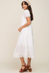 Ivory Eyelet Button Front Tiered Scalloped Hem Midi Dress