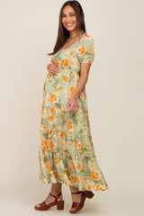 Light Olive Floral Tiered Cutout Back Maternity Maxi Dress