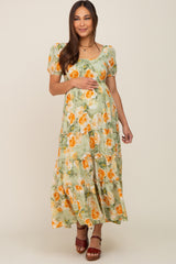 Light Olive Floral Tiered Cutout Back Maternity Maxi Dress