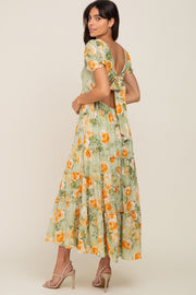 Light Olive Floral Tiered Cutout Back Maxi Dress