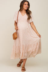 Light Pink Floral Smocked Maternity Midi Dress